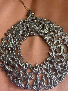 Silver Holiday Wreath Ornament with Bells and Star